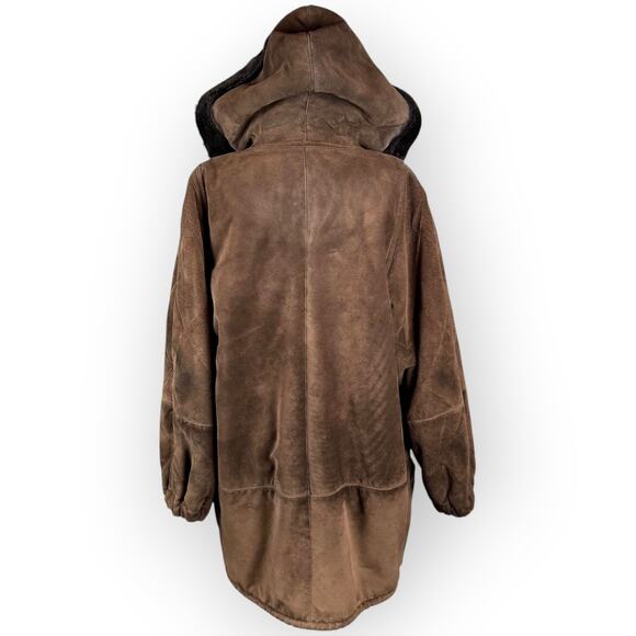 VTG Steve By Searl 90s Brown Suede Hooded Womens Coat with Black Faux Fur Medium - Picture 8 of 11